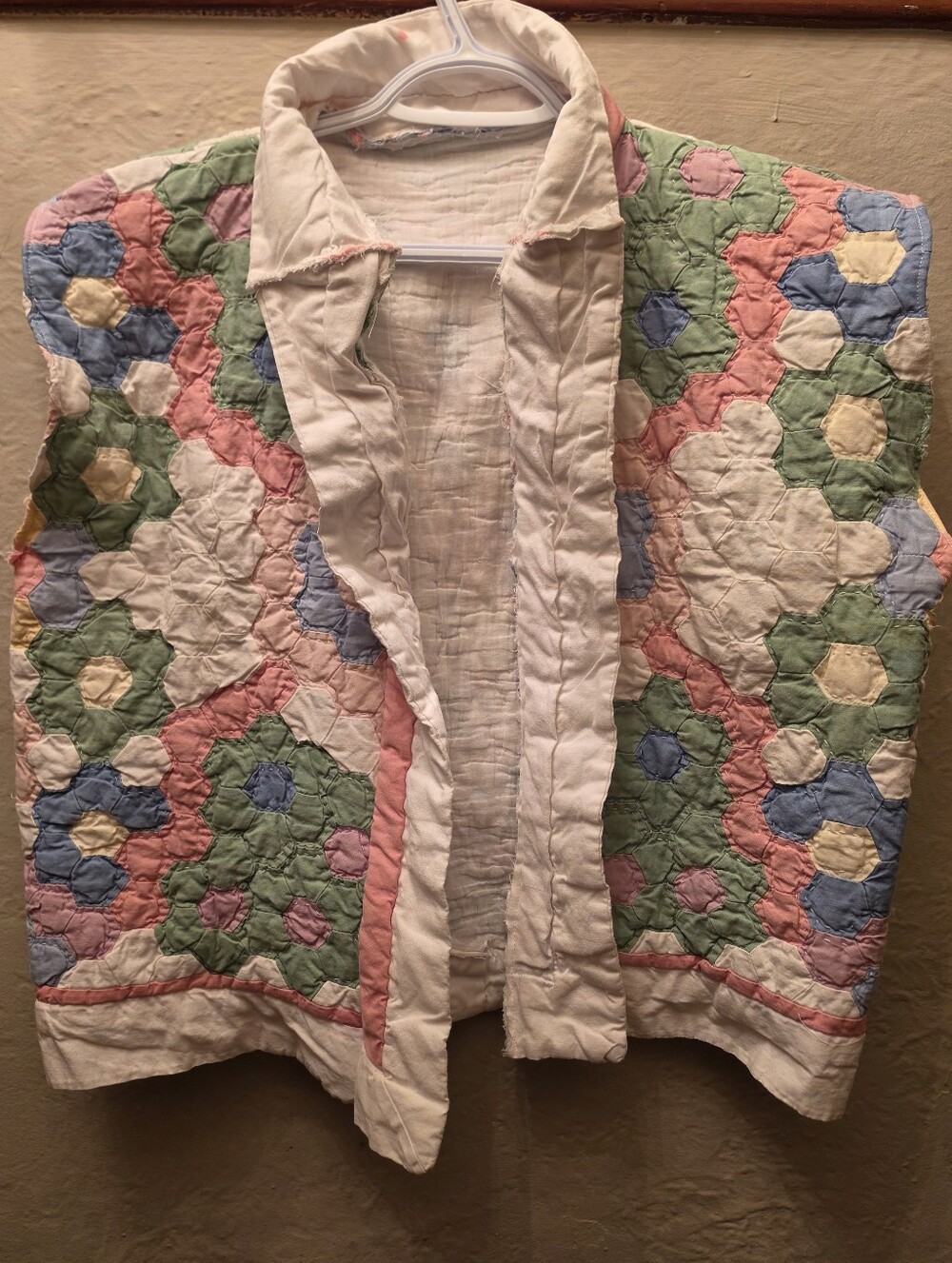 Upcycled Quilt Vest Pastel Floral Hexagon Handmade Cottagecore Granny Chic